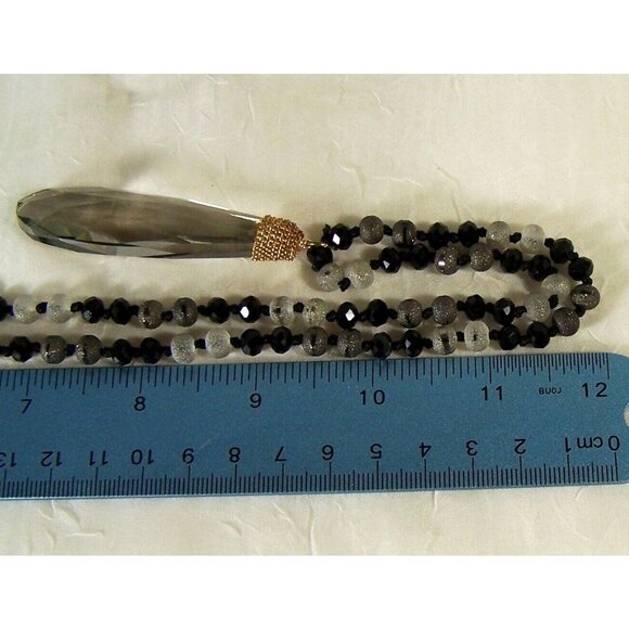 Faceted Teardrop Glass Pendant Long Line Necklace Frosted Gray Black Beads Knots - Picture 6 of 6